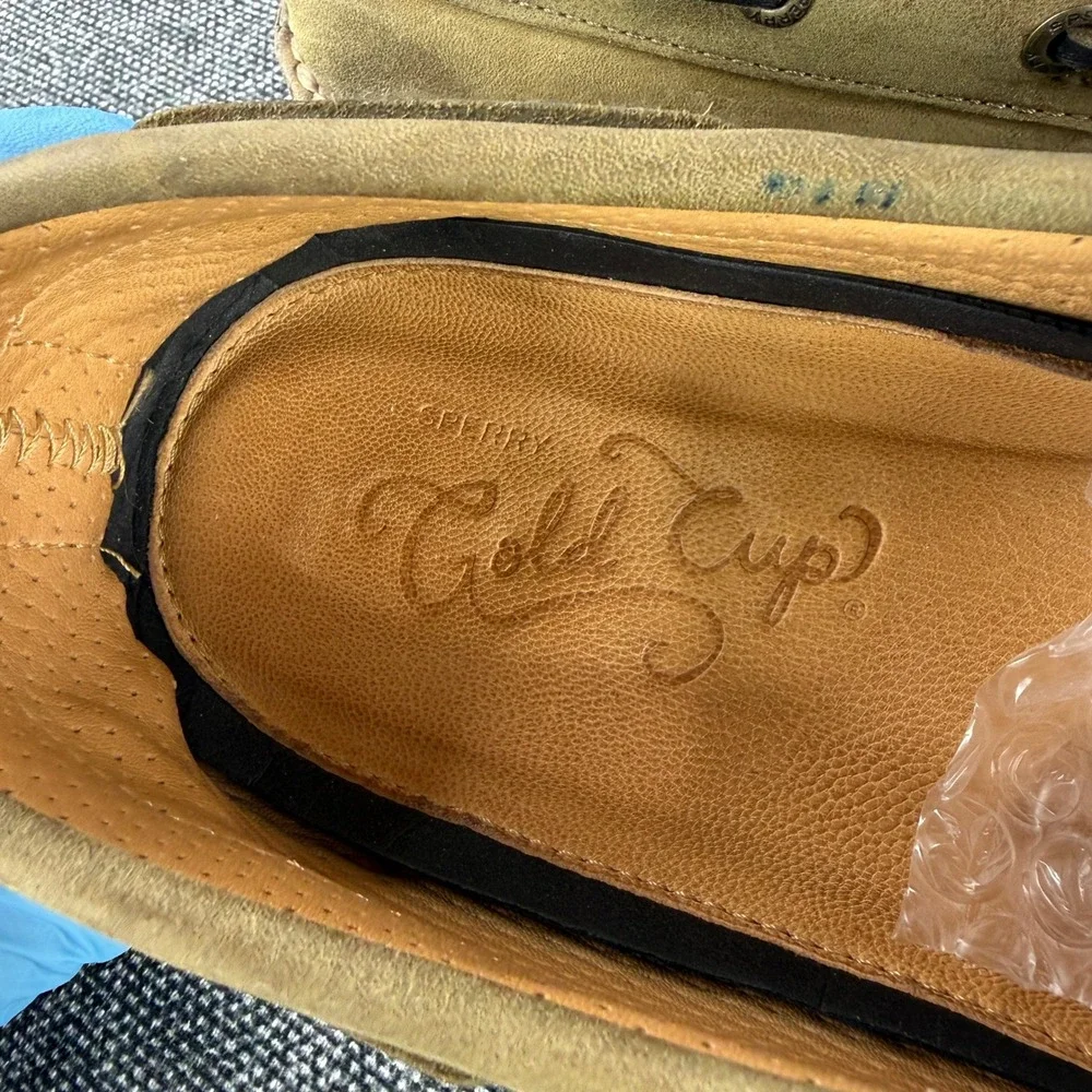 Sperry Gold Cup Boat Shoe Mens 10 Olive Tan Nubuck Leather Lambskin Lined 2-Eye